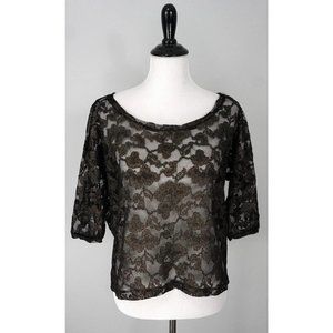 ONE CLOTHING Black Floral Lace 3/4 Sleeve Layer Sheer Metallic Top Shirt Size M